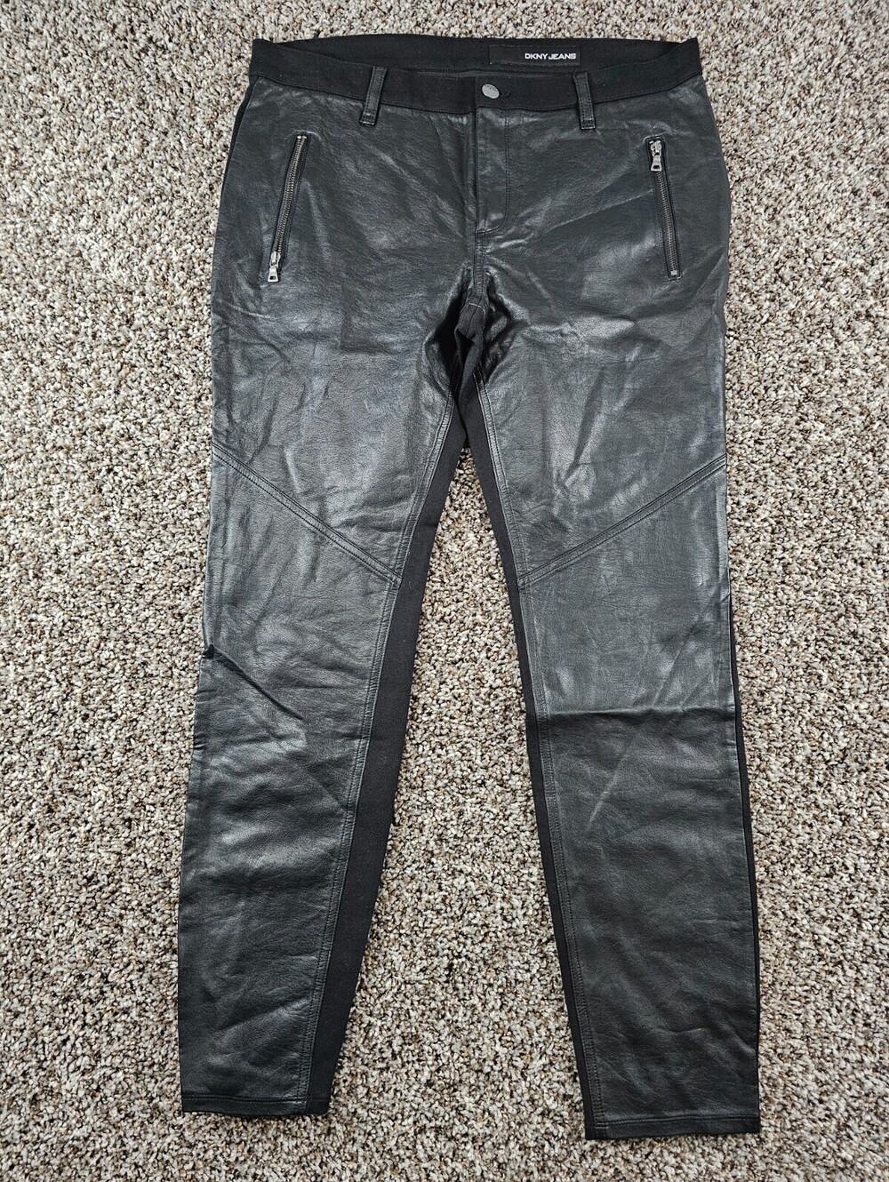 DKNY Womens Sz 12 Skinny Leg Faux Leather Moto Pants Black w/ Zipper Pockets